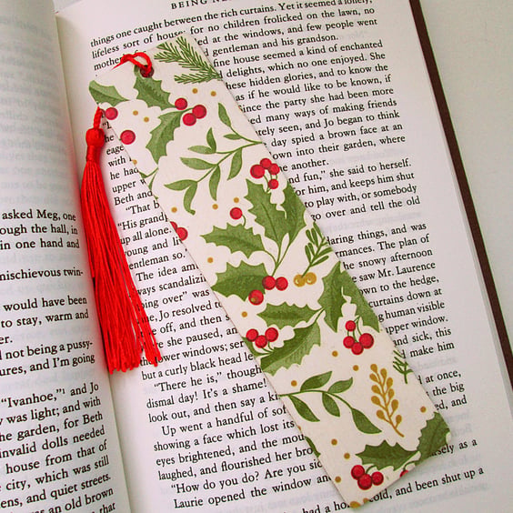 Christmas holly wood decoupage bookmark with tassel
