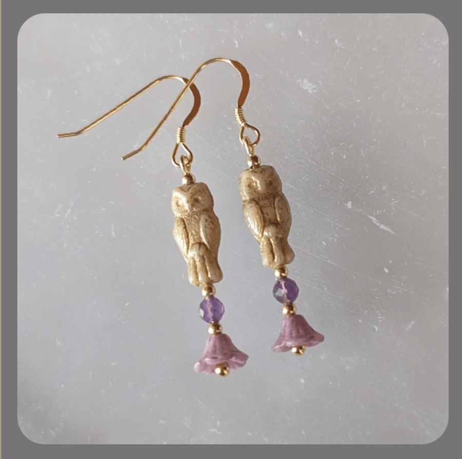 Czech Glass Owl Flower, Amethyst and Vermeil Earrings
