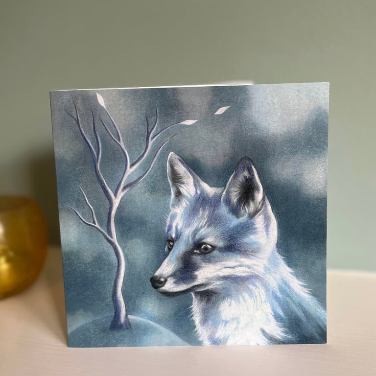 Fox Art greeting card - blue fox, mystical fox card, spirit animal, nature card