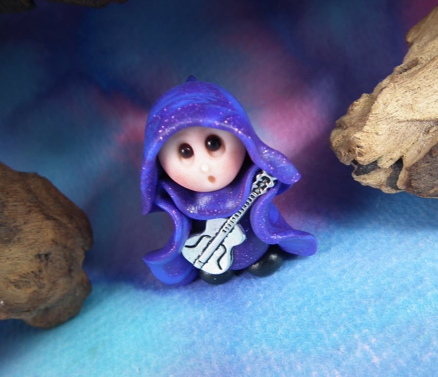 Tiny Guitarist Gnome 'Arlo' with metal guitar OOAK Sculpt Ann Galvin