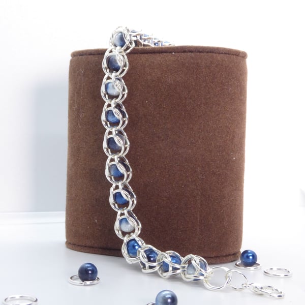 Silver Chainmaille Bracelet with Two Tone Faux pearls in Blue and White