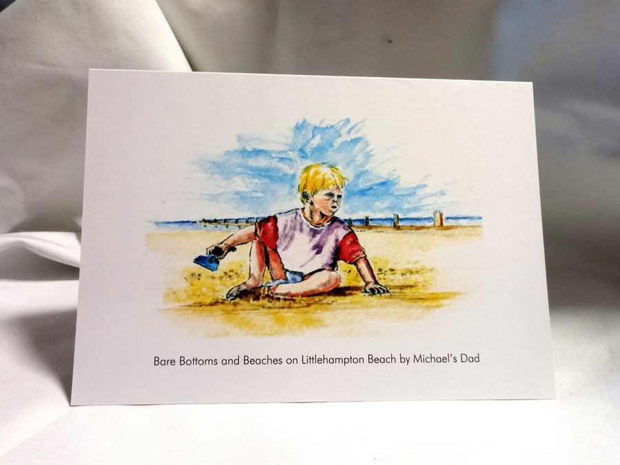 original hand painted print of a child on Littlehampton Beach Card for charity