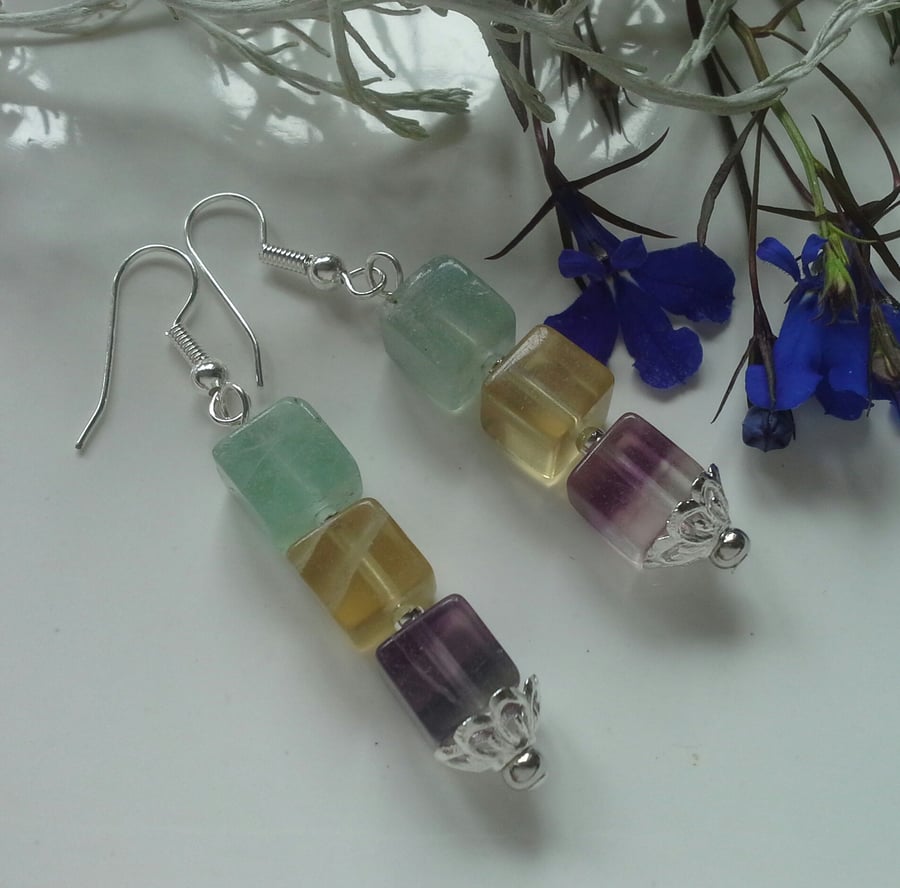 Natural Untreated Rainbow Fluorite Earrings Silver Plated