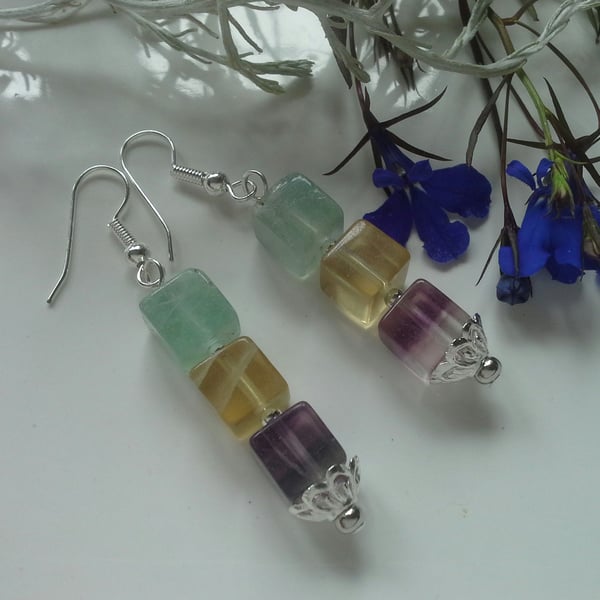 Natural Untreated Rainbow Fluorite Earrings Silver Plated