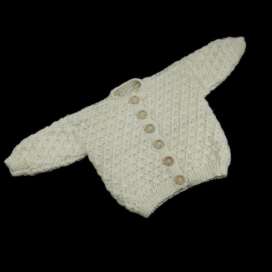 Hand knitted cream wool baby cardigan to fit 22 inch chest -  round neck 