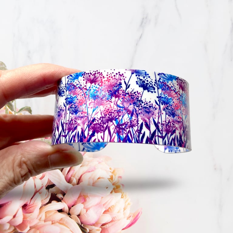 SALE Flowers wide cuff bracelet, pink floral metal bangle. Perfectly imperfect