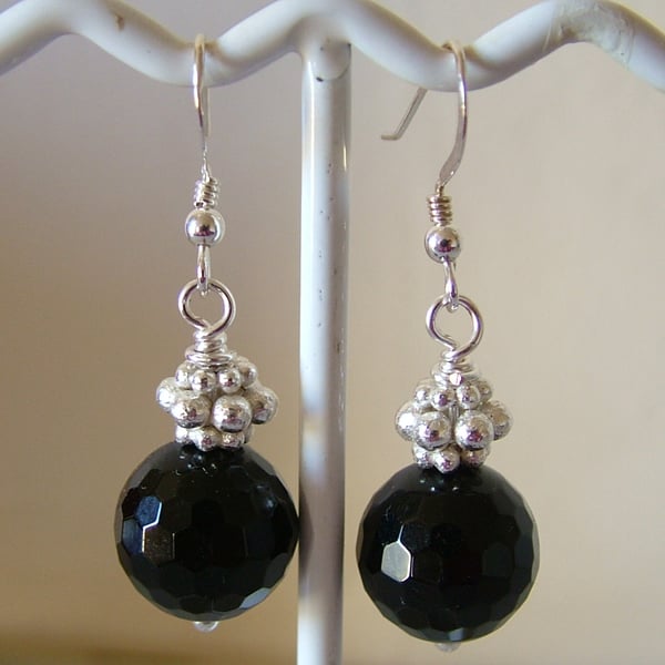 BLACK AGATE AND SILVER DANGLE EARRINGS- - FREE SHIPPING 