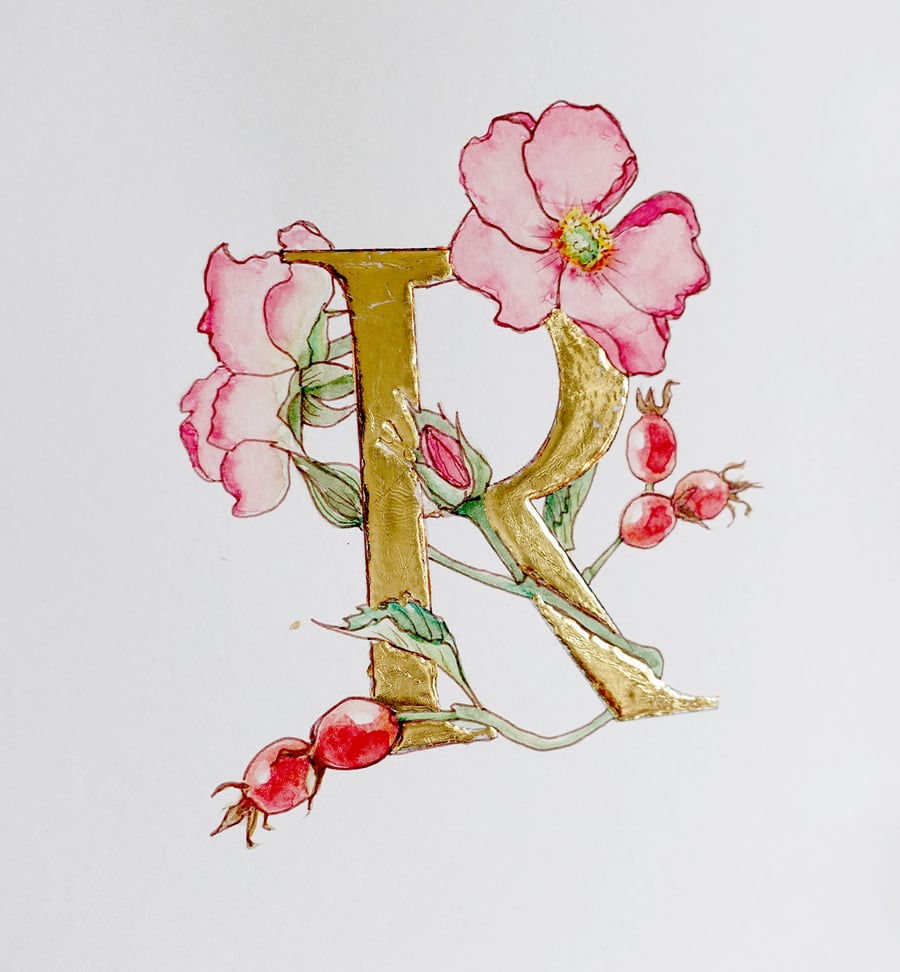 Perfectly imperfect watercolour wild rose hips with gold leaf letter R