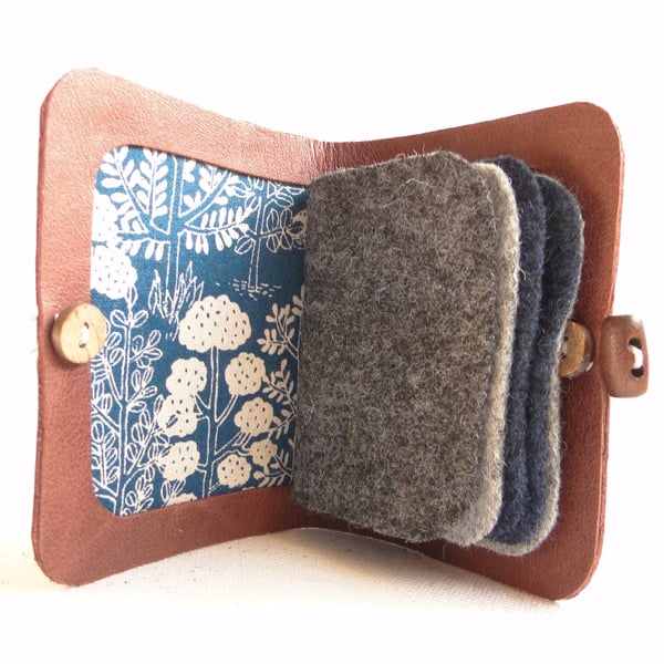Needle Case in Brown Leather - Forest Fabric Interior - Needle Book