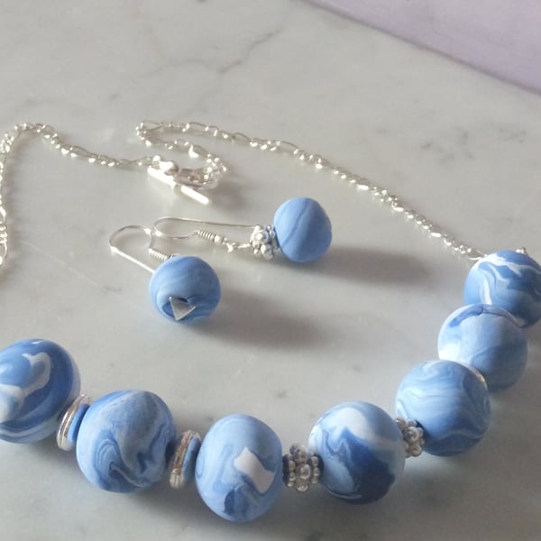 POLYMER CLAY MARBLE NECKLACE WITH FREE EARRINGS - FREE UK SHIPPING