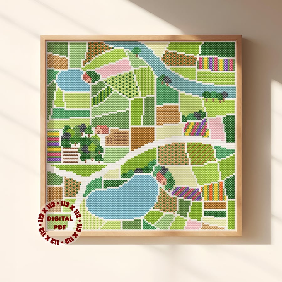 Countryside Cross Stitch Pattern (Needlepoint Compatible), Instant Download PDF