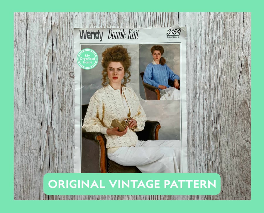 Wendy 3454 vintage women’s sweater and cardigan jumper knitting pattern, 1980s