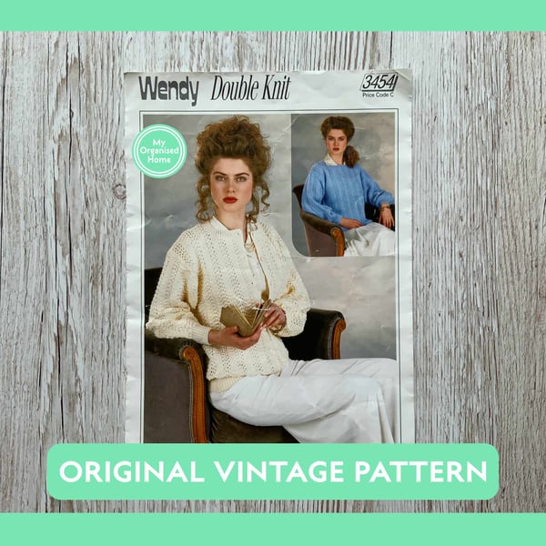 Wendy 3454 vintage women’s sweater and cardigan jumper knitting pattern, 1980s