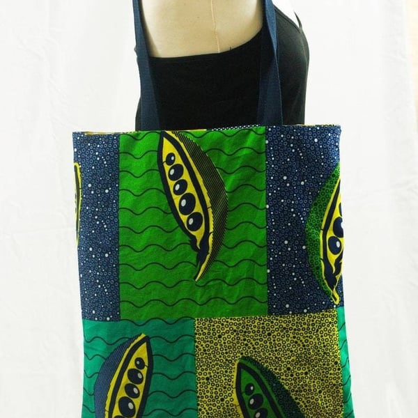 multi-coloured reusable African wax tote bag, Ankara fabric medium tote bag,