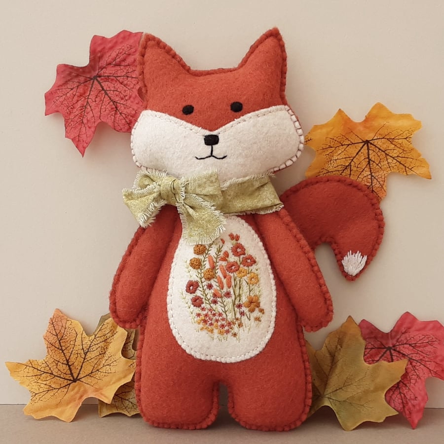  Woodland Fox, hand embroidered animal doll, stuffed Mr Fox, hanging decoration