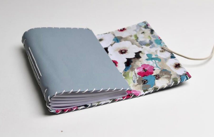 A6 Fold Over Blue Grey Leather handmade notebook floral fabric lining  paper 
