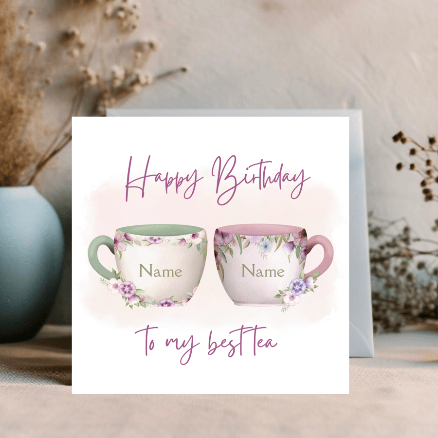 Bestie Greetings Card - best friends and tea, watercolour design personalised