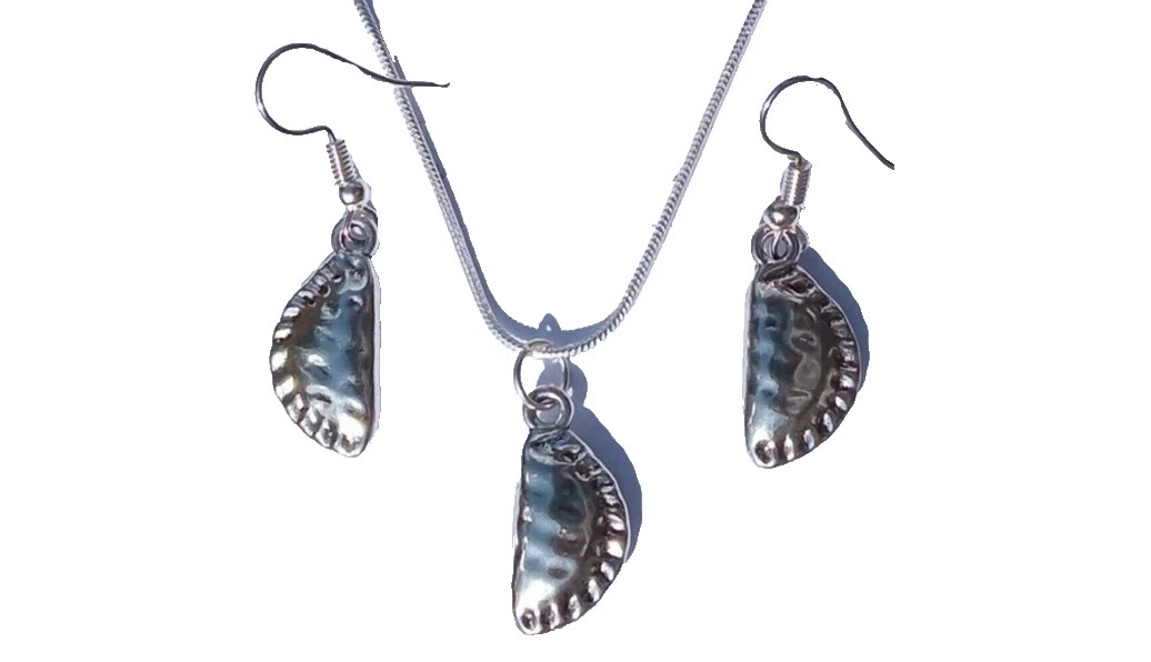 Tibetan Silver Cornish Pasty Charms on Silver Plated Necklace & Earrings Set