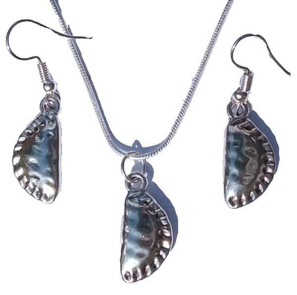 Tibetan Silver Cornish Pasty Charms on Silver Plated Necklace & Earrings Set