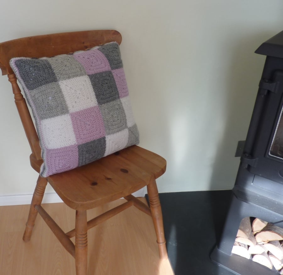  CUSHION cover  ' Serenity' .100% superwash  wool . Grey, pink, white .