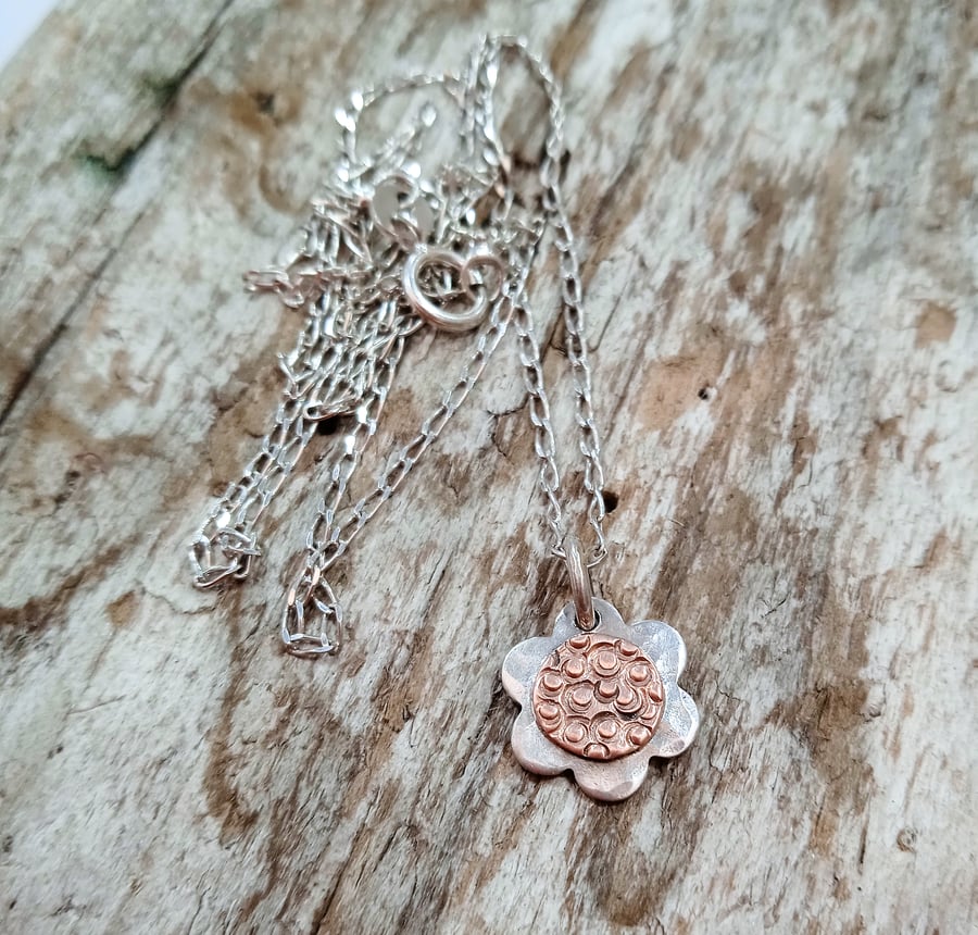 Sterling Silver and Copper Flower Pendant Necklace (NKMMPDFL1) - UK Free Post