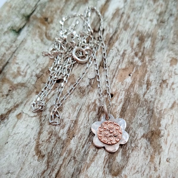 Sterling Silver and Copper Flower Pendant Necklace (NKMMPDFL1) - UK Free Post