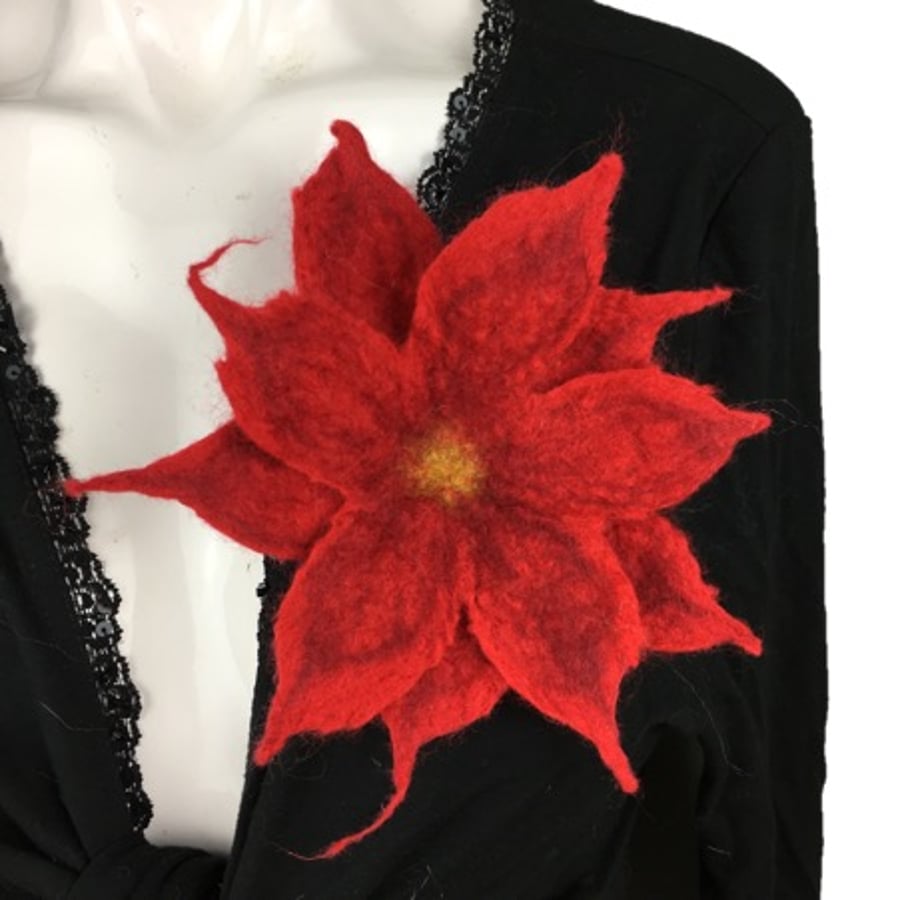 Red hand felted merino wool double layer flower brooch, corsage or lapel pin