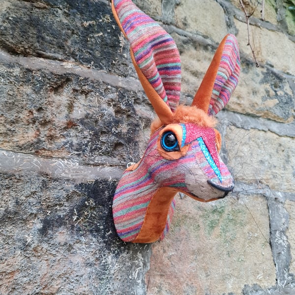 Faux hare head wall mount in multi coloured lurex - Ziggy Haredust