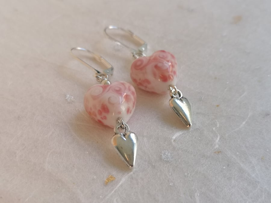 SALE Pink, white and silver heart earrings, silver plated, lamp work hearts