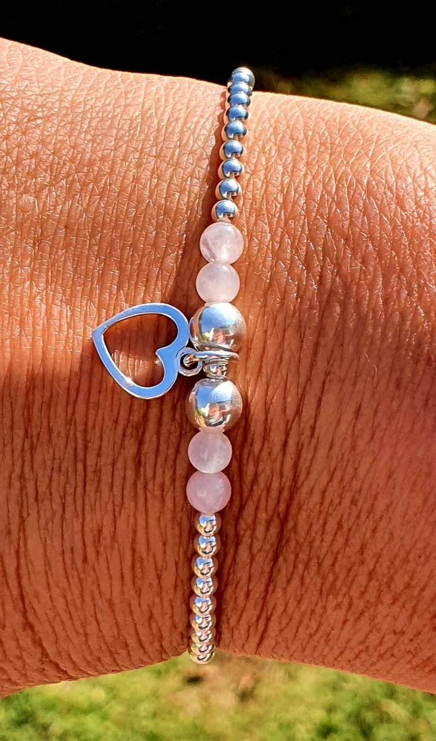 Rose Quartz Beaded Bracelet, Anxiety bracelet, Wrist Mala, Heart Charm Bracelet,