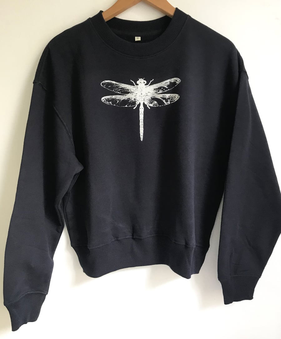 Dragonfly Womens navy blue organic sweatshirt silver insect print 