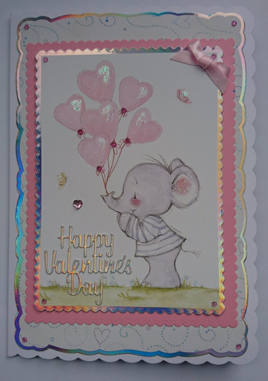 Happy Valentine's Day Cute Elephant Love Heart Balloons 3D Luxury Handmade Card 