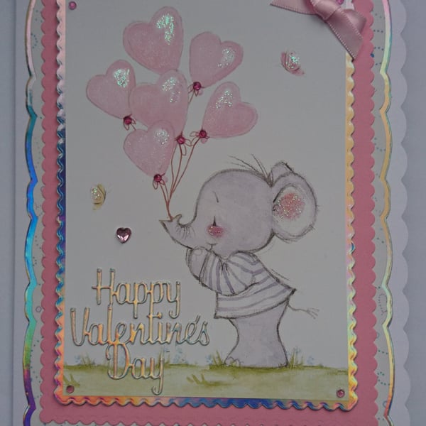 Happy Valentine's Day Cute Elephant Love Heart Balloons 3D Luxury Handmade Card 