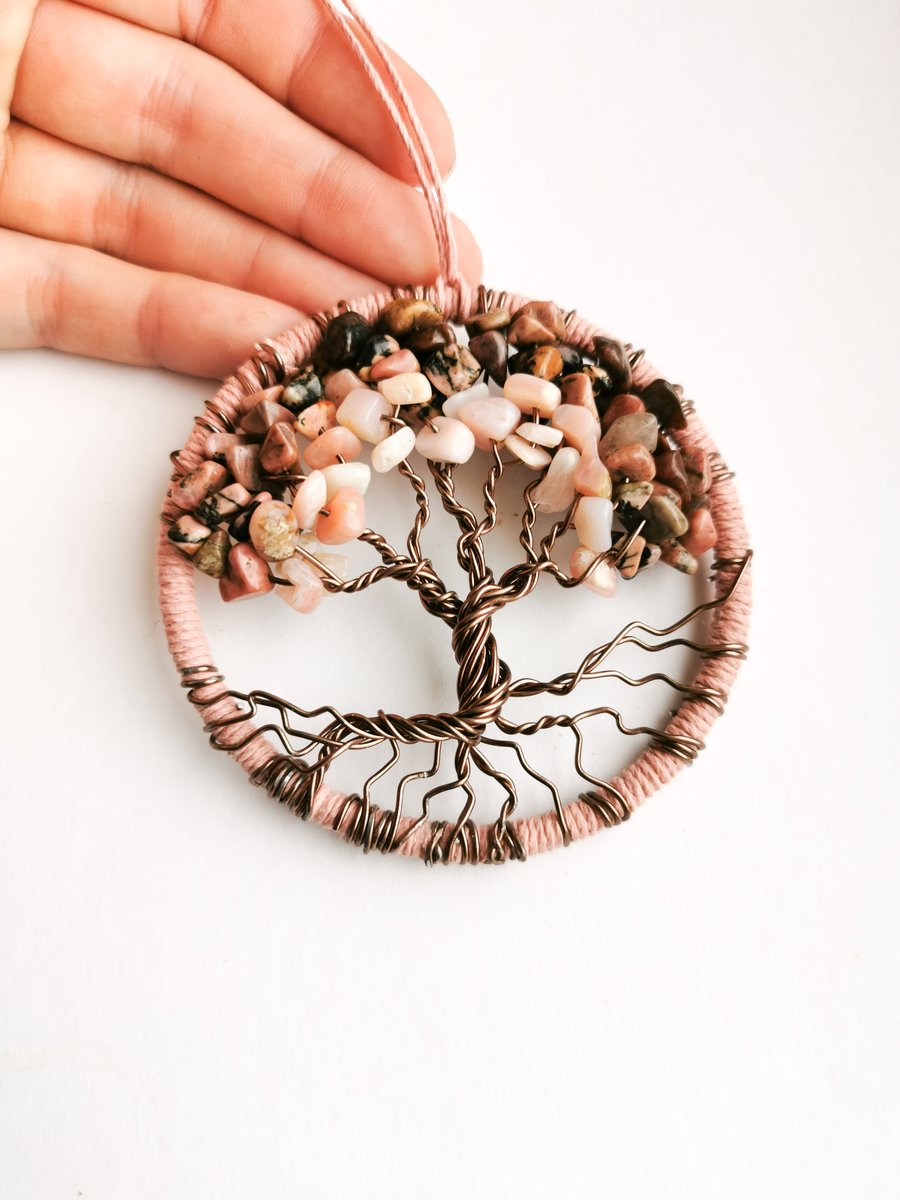 Tree of life crystal sun catcher, pink opal wire wrapped tree hanging