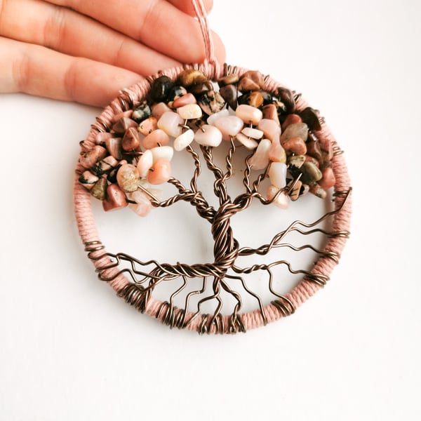 Tree of life crystal sun catcher, pink opal wire wrapped tree hanging