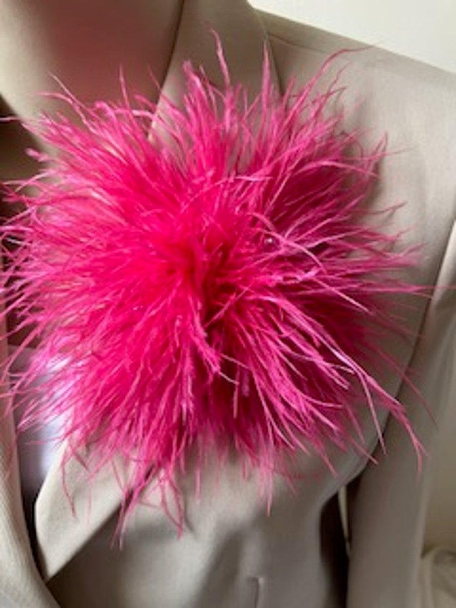 Pink Crystal Ostrich Feather Style Brooch - Corsage Lapel Pin - large Size