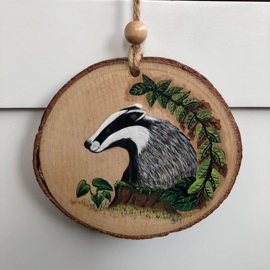 Badger portrait hand painted wood slice hanging decoration 