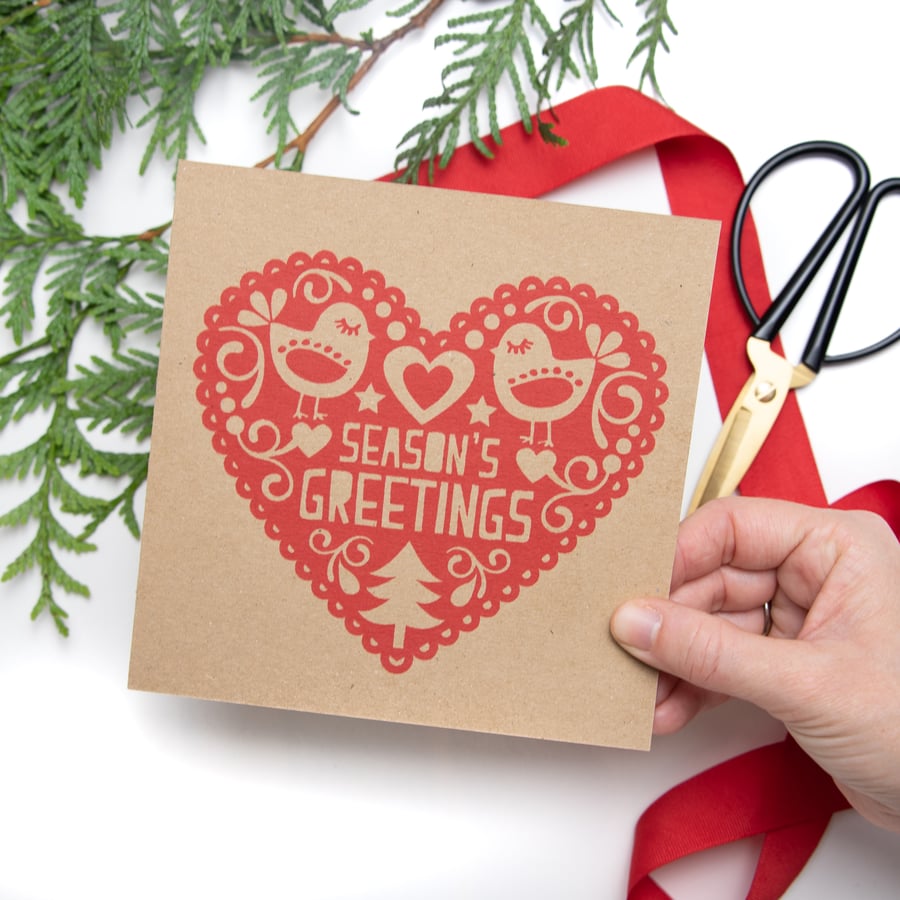 Scandinavian Folk Art inspired heart design - hand-printed Christmas card