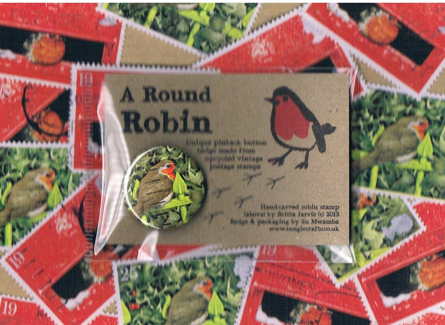 ROUND ROBIN BADGE 2 - festive upcycled postage stamp badge, sale for charity