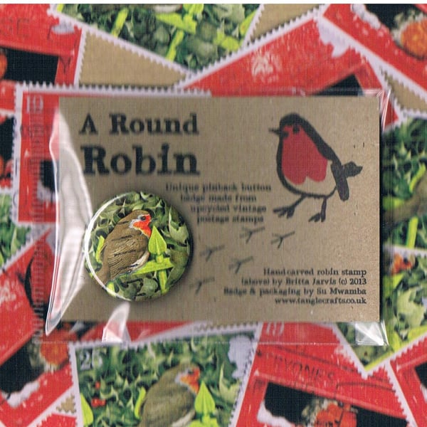 ROUND ROBIN BADGE 2 - festive upcycled postage stamp badge, sale for charity