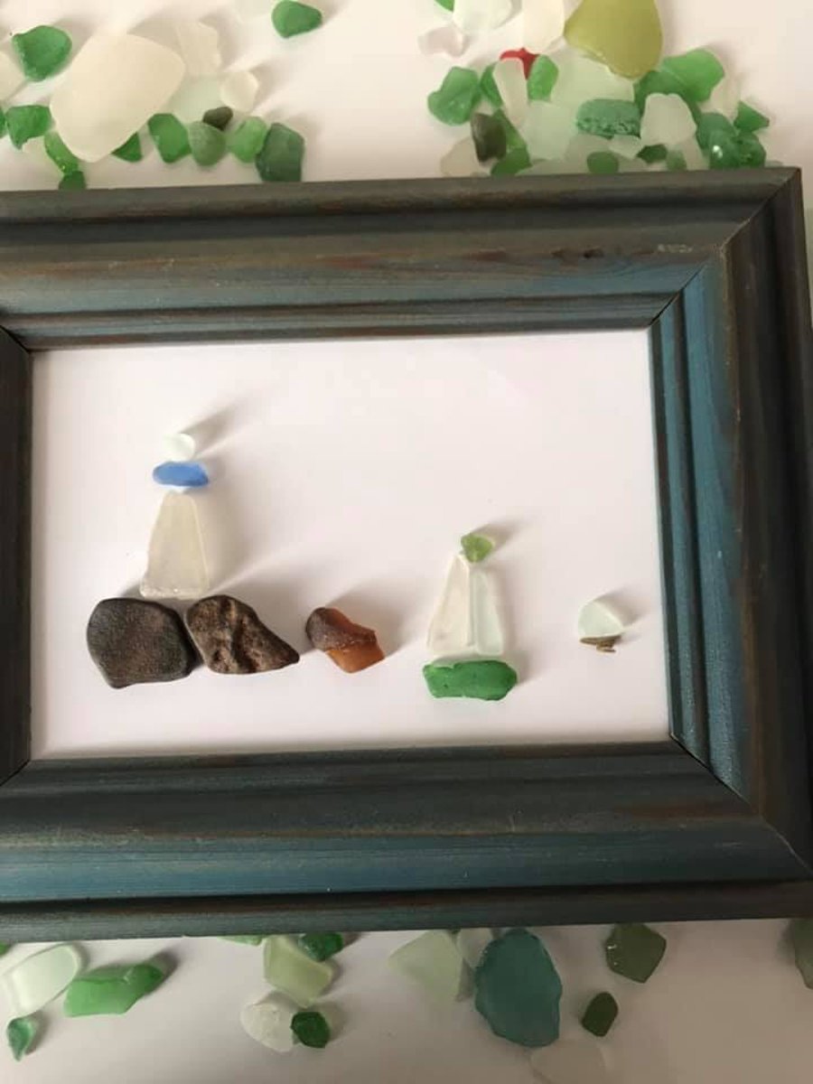 Sea Glass and Pebble Art Lighthouse and Yacht Folksy