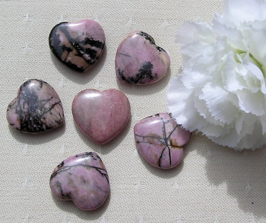 6 Pink & Black Rhodonite Solid Gemstone Polished Hearts - 20mm - Chakra Crafting