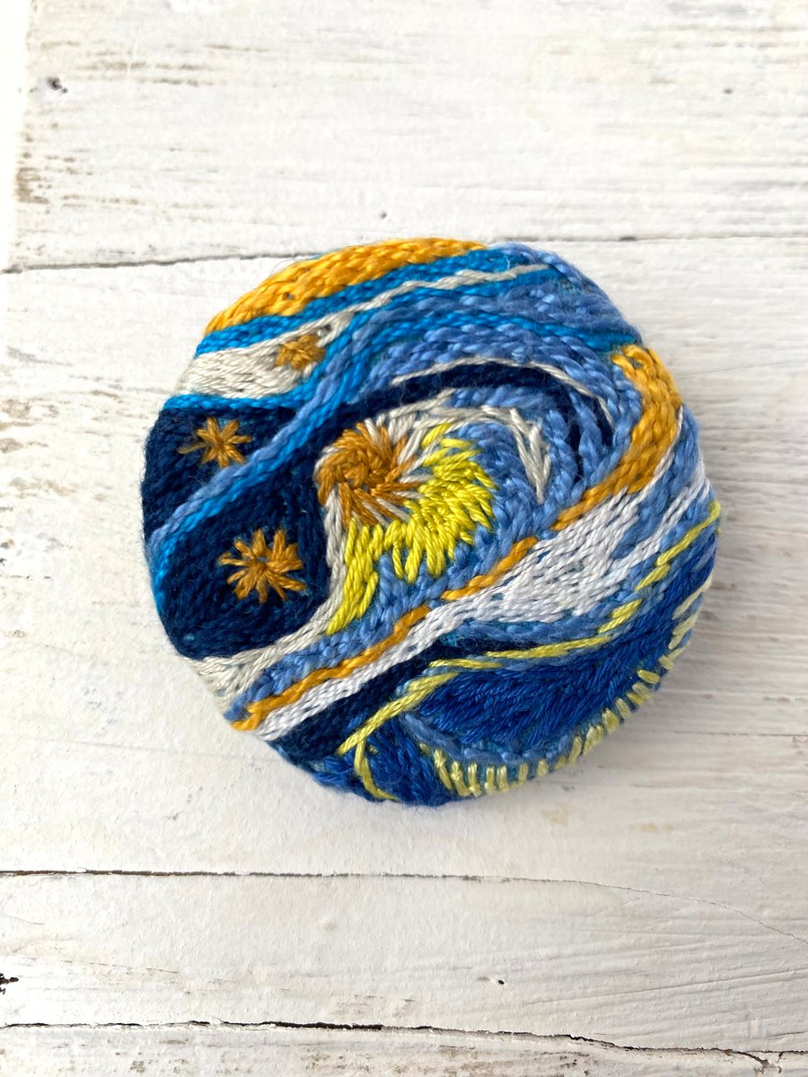 Blue and Gold Swirls -Hand Embroidered Brooch Abstract Van Gogh Inspired 