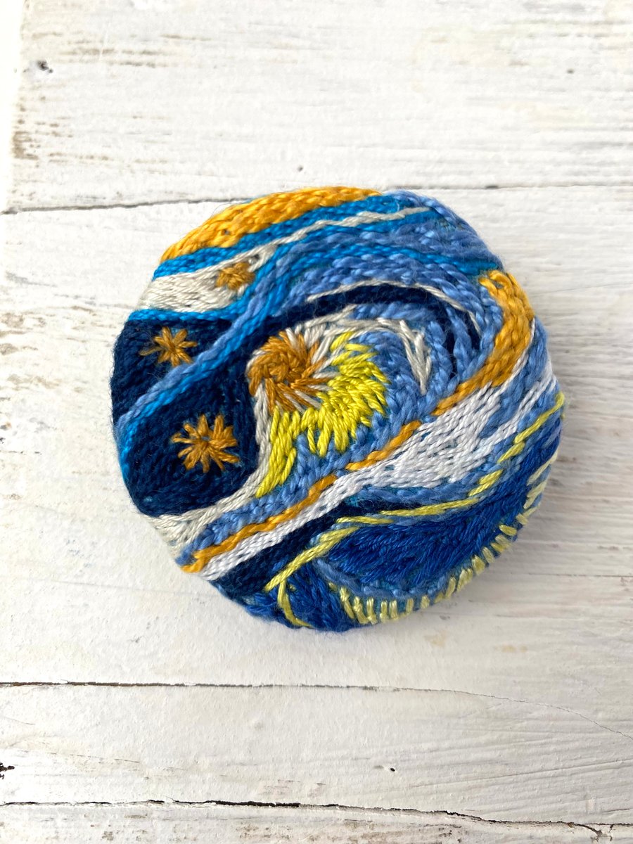 Hand Embroidered Brooch , Abstract Van Gogh Inspired 