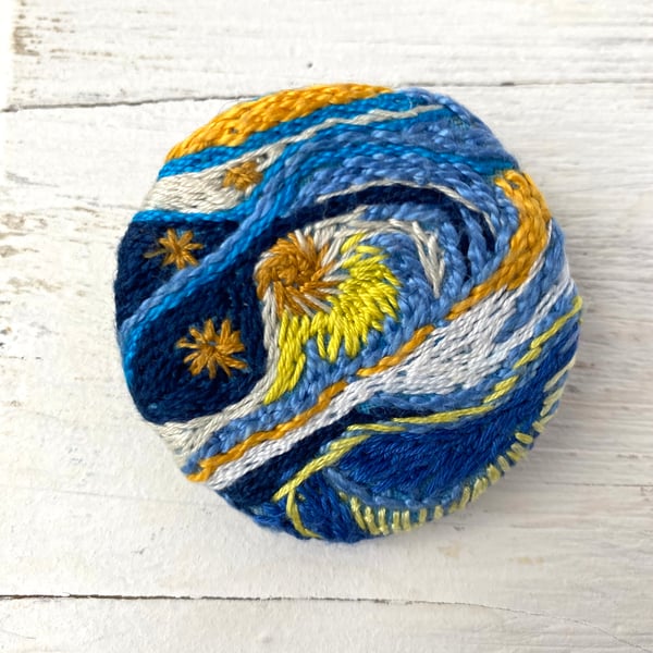 Blue and Gold Swirls -Hand Embroidered Brooch Abstract Van Gogh Inspired 