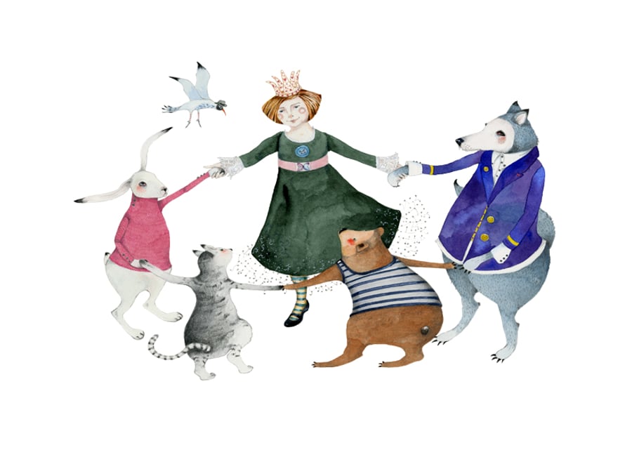 Princess with Animal art print Ring of Roses A4 print 