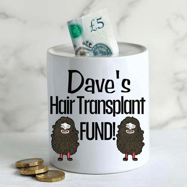 Personalised Ceramic Money Box -Novelty Present- Hair Transplant Fund