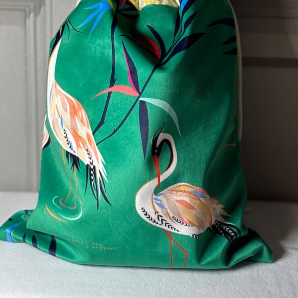 Velvet feel bird themed drawstring bag
