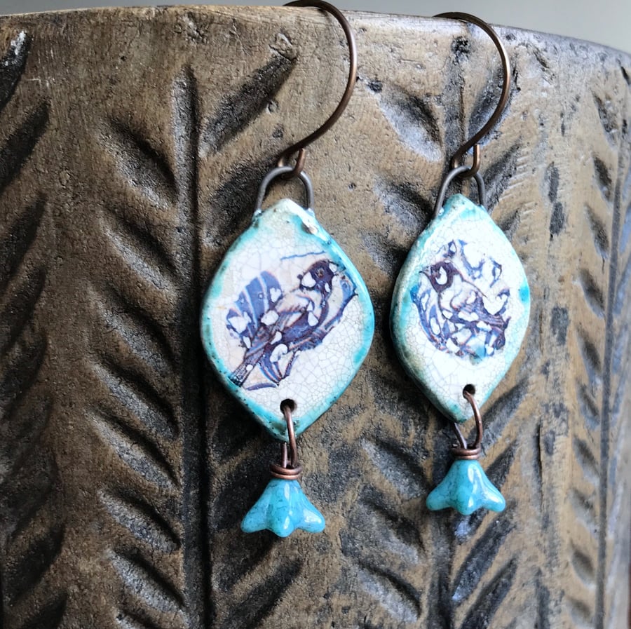Bohemian Blue Artisan Earrings. Bird Earrings. Rustic Decal Ceramic Earrings