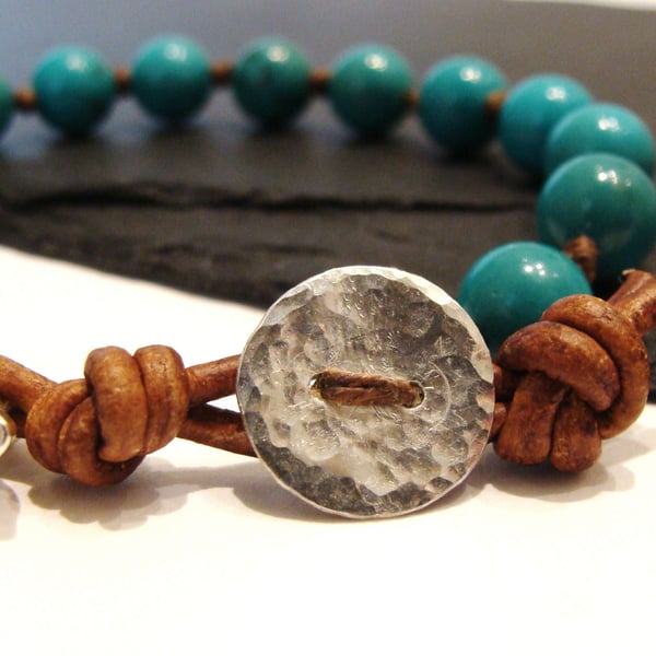 Sterling Silver Button, Flower Charm & Turquoise Gemstone Leather Wrap Bracelet